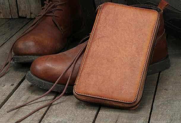 Cool leather mens long wallet vintage zipper long clutch wallet for men