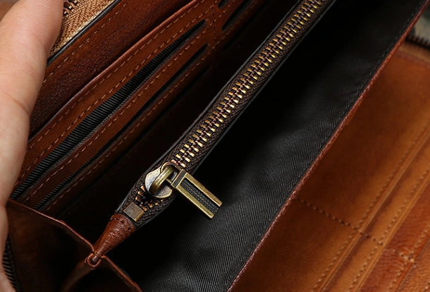 Cool leather mens long wallet vintage zipper long clutch wallet for men