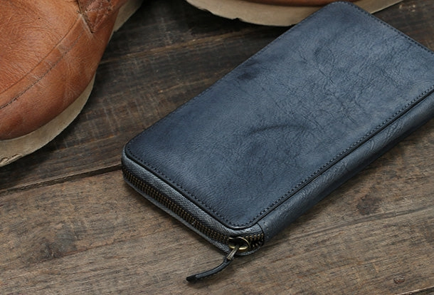 Cool leather mens long wallet vintage zipper long clutch wallet for men