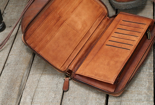 Cool leather mens long wallet vintage zipper long clutch wallet for men