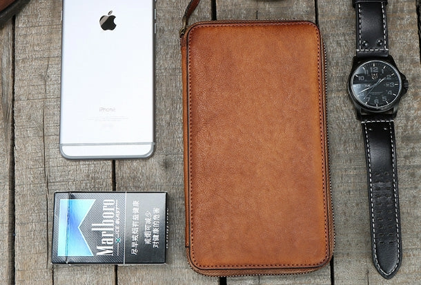 Cool leather mens long wallet vintage zipper long clutch wallet for men