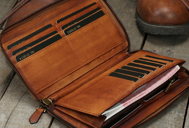 Cool leather mens long wallet vintage zipper long clutch wallet for men