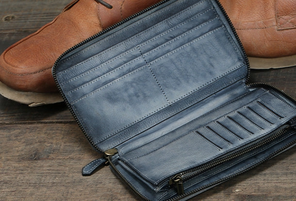Cool leather mens long wallet vintage zipper long clutch wallet for men
