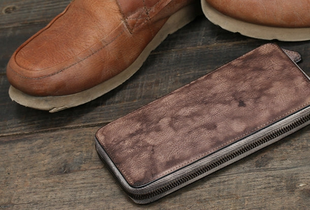 Cool leather mens long wallet vintage zipper long clutch wallet for men