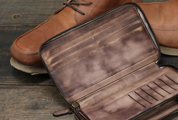 Cool leather mens long wallet vintage zipper long clutch wallet for men