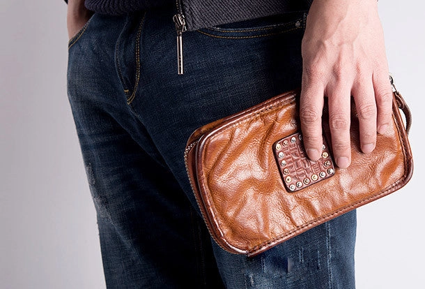 Cool Leather mens wirstlet long wallet leather wristlet zipper clutch wallet for men