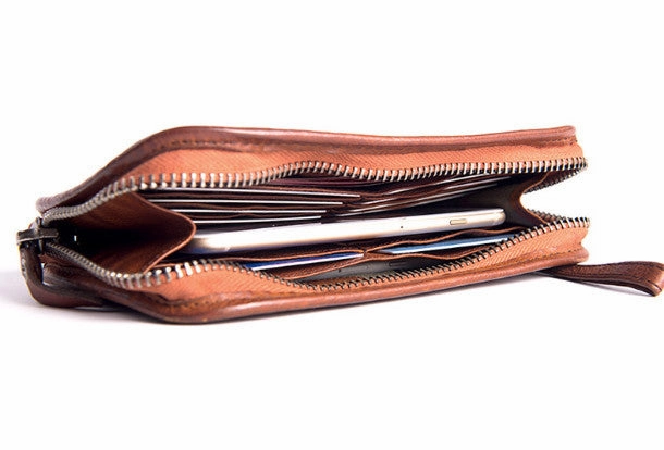 Cool Leather mens wirstlet long wallet leather wristlet zipper clutch wallet for men