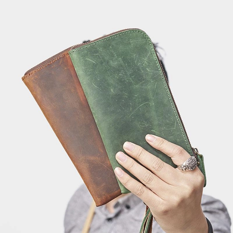 Cool Leather Mens Wristlet Wallet Vintage Clutch Zipper Wallet for Men
