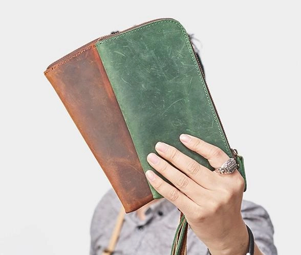 Cool Leather Mens Wristlet Wallet Vintage Clutch Zipper Wallet for Men