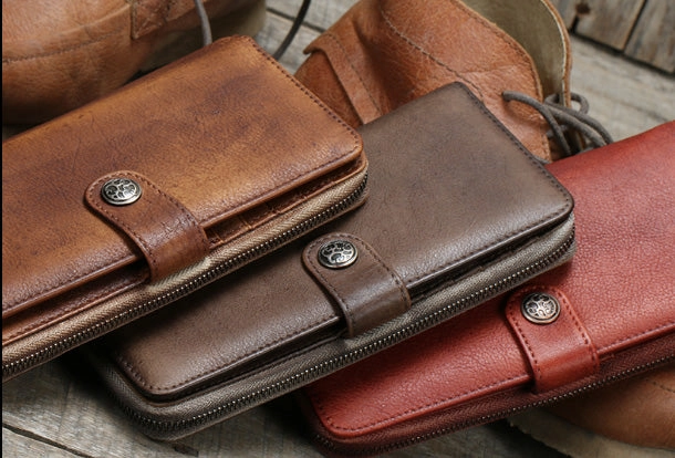 Cool Mens Leather long wallets zipper Vintage clutch wallet for men