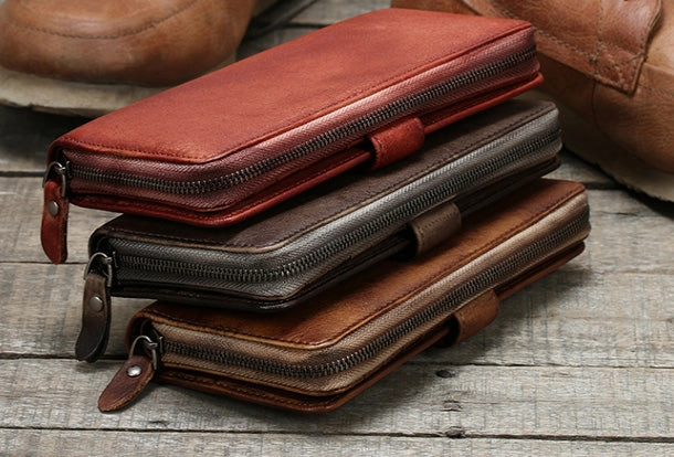 Cool Mens Leather long wallets zipper Vintage clutch wallet for men
