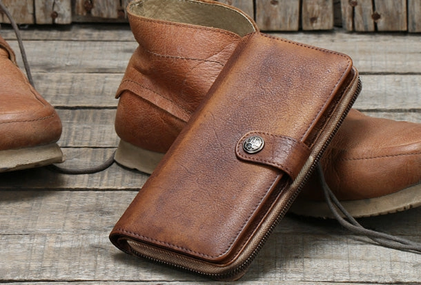 Cool Mens Leather long wallets zipper Vintage clutch wallet for men