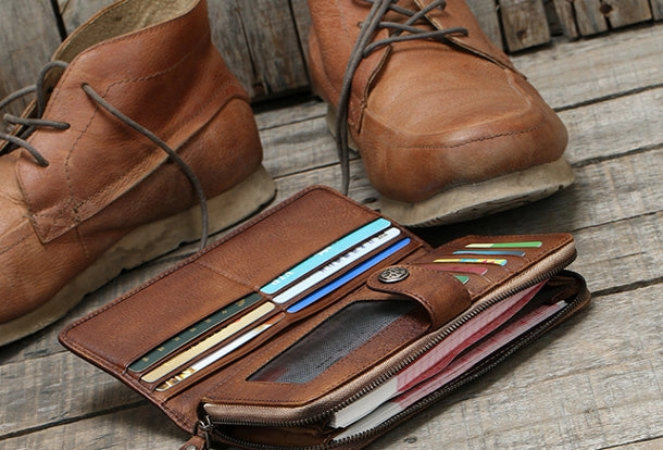 Cool Mens Leather long wallets zipper Vintage clutch wallet for men