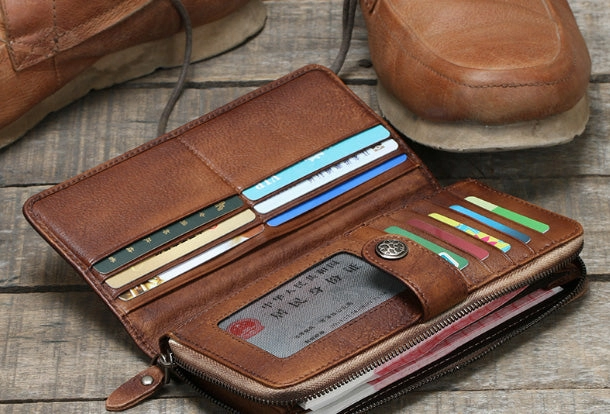Cool Mens Leather long wallets zipper Vintage clutch wallet for men