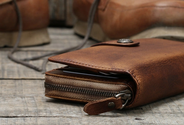 Cool Mens Leather long wallets zipper Vintage clutch wallet for men