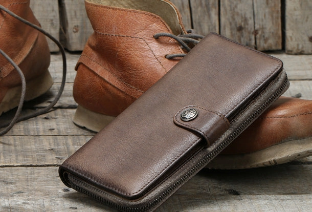 Cool Mens Leather long wallets zipper Vintage clutch wallet for men