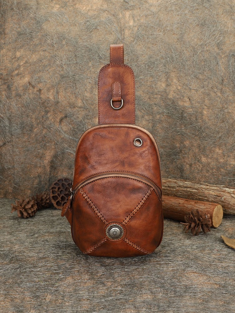 Cool Mens Womens Cap Black Sling Bag Vintage Leather Chest Bag Crossbody Pack for Men
