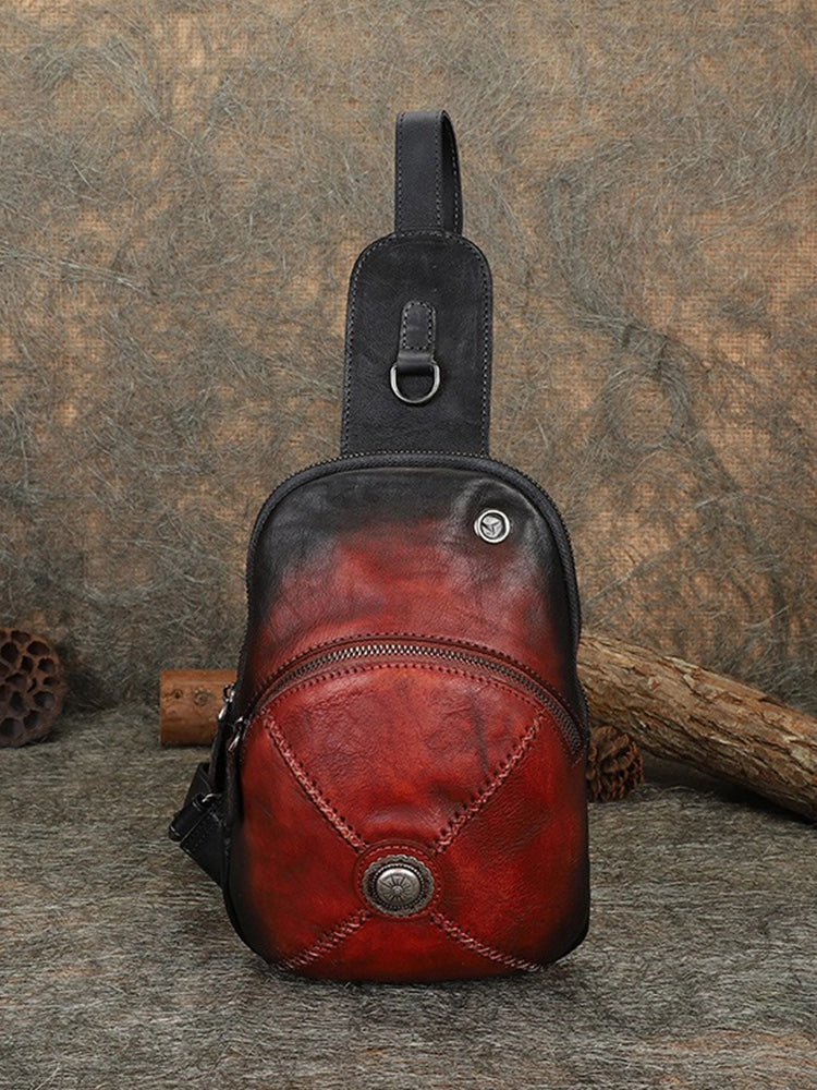 Cool Mens Womens Cap Black Sling Bag Vintage Leather Chest Bag Crossbody Pack for Men