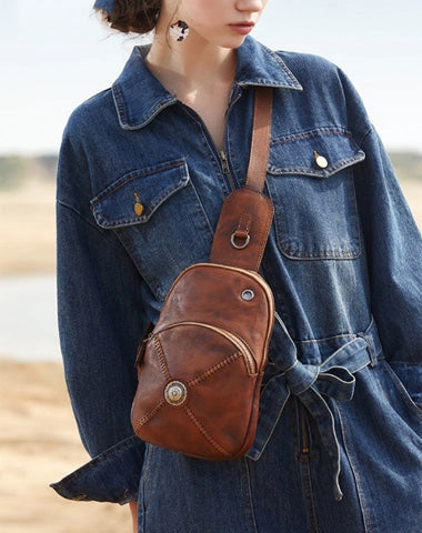 Cool Mens Womens Cap Black Sling Bag Vintage Leather Chest Bag Crossbody Pack for Men