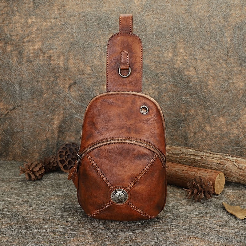 Cool Mens Womens Cap Black Sling Bag Vintage Leather Chest Bag Crossbody Pack for Men