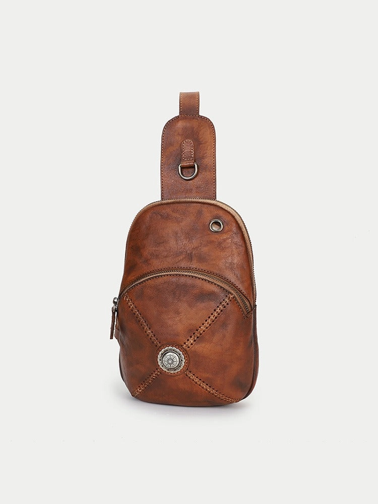 Cool Mens Womens Cap Black Sling Bag Vintage Leather Chest Bag Crossbody Pack for Men