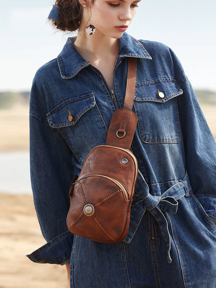 Cool Mens Womens Cap Brown Sling Bag Vintage Leather Chest Bag Crossbody Pack for Men