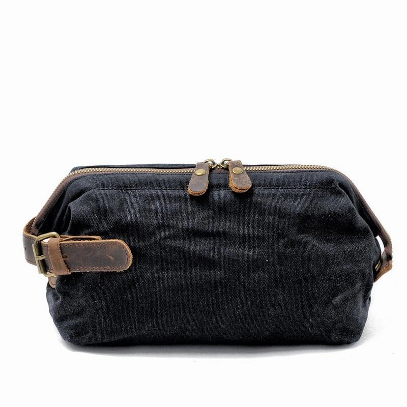 Cool Waxed Canvas Leather Mens Black Clutch Bag Handbag Phone Bag Wash Bag For Men