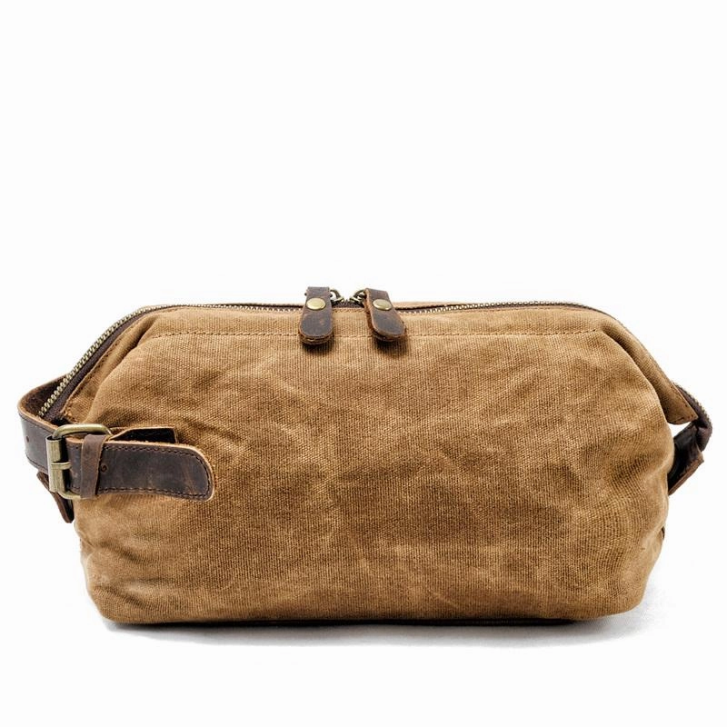 Cool Waxed Canvas Leather Mens Black Clutch Bag Handbag Phone Bag Wash Bag For Men