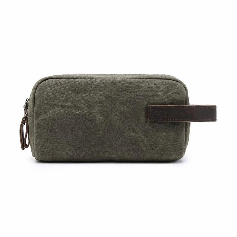 Cool Waxed Canvas Leather Mens Zipper Wristlet Bag Vintage Clutch Zipper Bag for Men