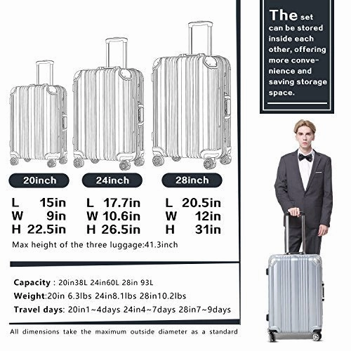 Coolife Luggage Aluminium Frame Suitcase with TSA Lock 100% PC (M(24in), Wine red)