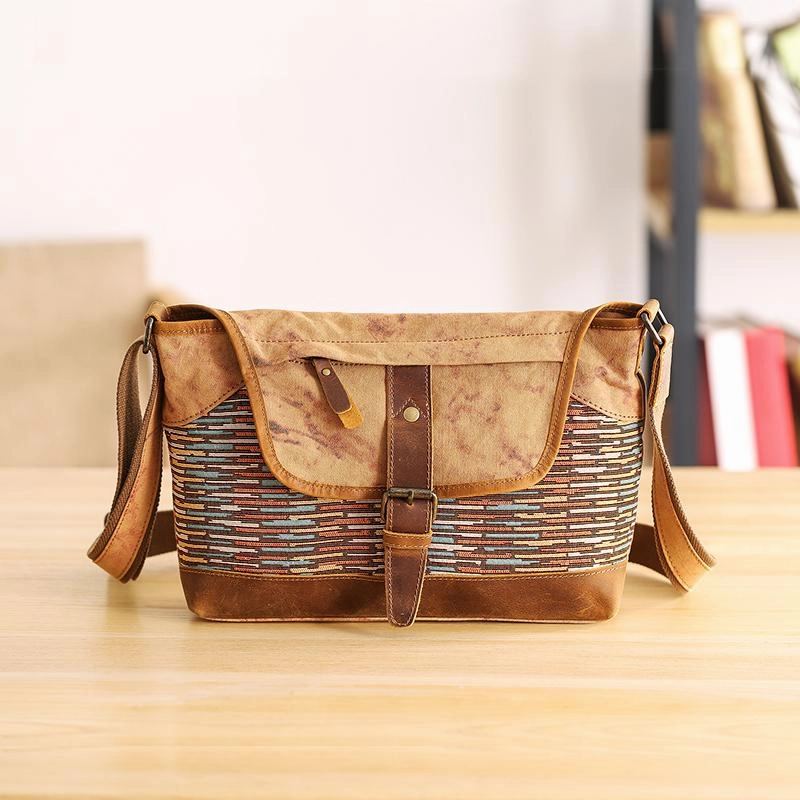 Country Style Canvas Leather 14'' Womens Small Side Bag Shoulder Bag Messenger Bag for Men