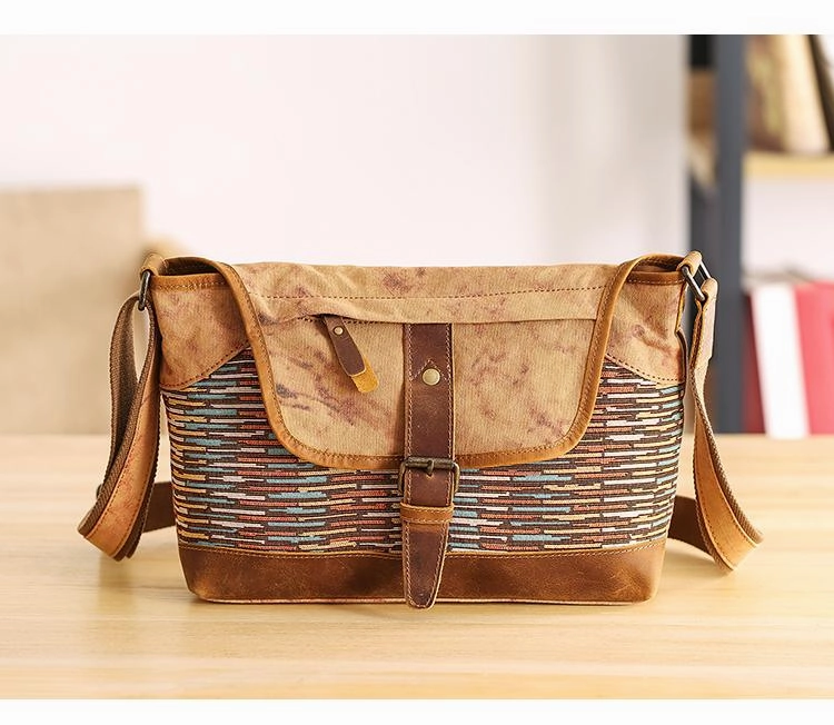 Country Style Canvas Leather 14'' Womens Small Side Bag Shoulder Bag Messenger Bag for Men