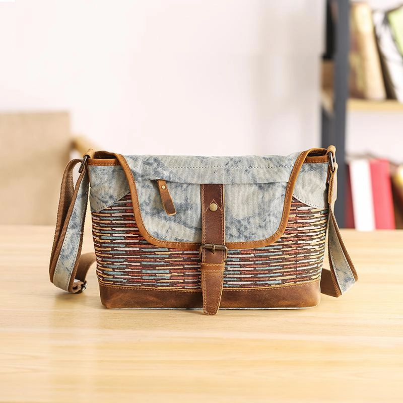 Country Style Canvas Leather 14'' Womens Small Side Bag Shoulder Bag Messenger Bag for Men