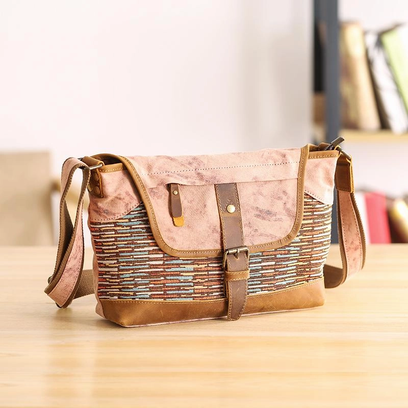 Country Style Canvas Leather 14'' Womens Small Side Bag Shoulder Bag Messenger Bag for Men