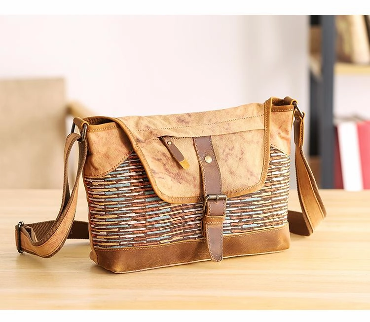 Country Style Canvas Leather 14'' Womens Small Side Bag Shoulder Bag Messenger Bag for Men