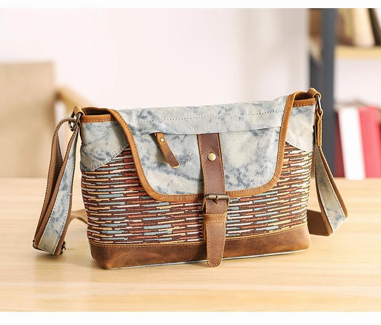 Country Style Canvas Leather 14'' Womens Small Side Bag Shoulder Bag Messenger Bag for Men