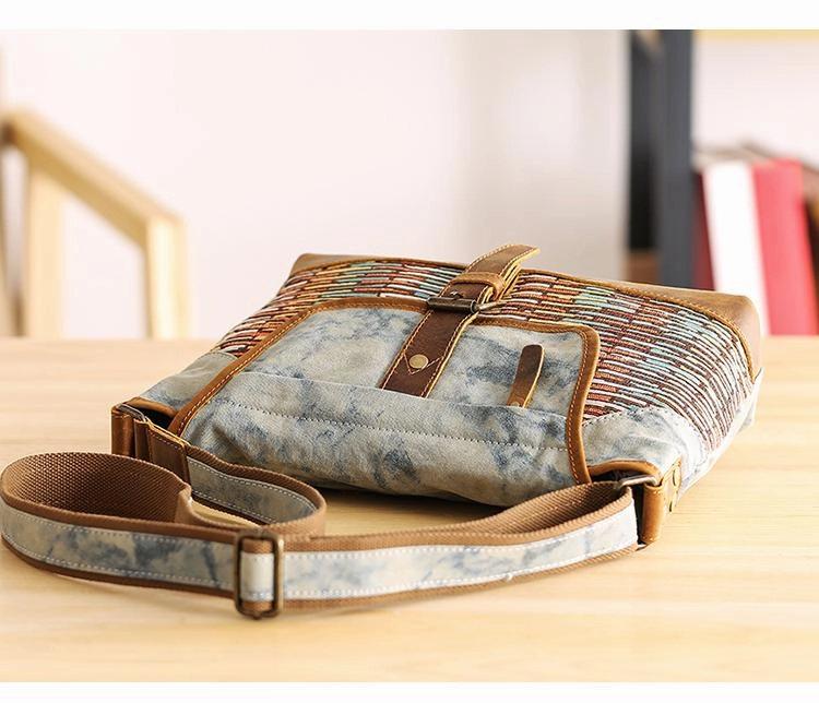 Country Style Canvas Leather 14'' Womens Small Side Bag Shoulder Bag Messenger Bag for Men