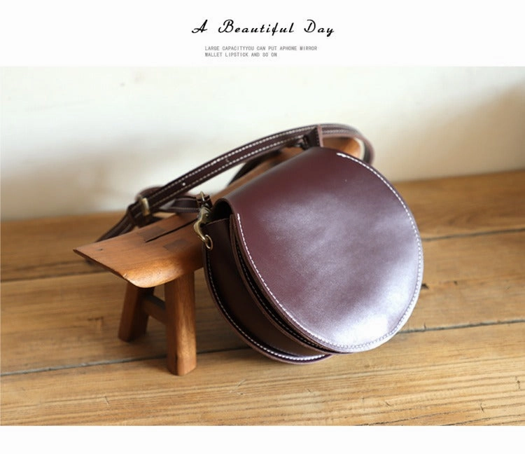 Cute Black LEATHER Around Side Bag Handmade WOMEN Circle Crossbody BAG Phone Purse FOR WOMEN