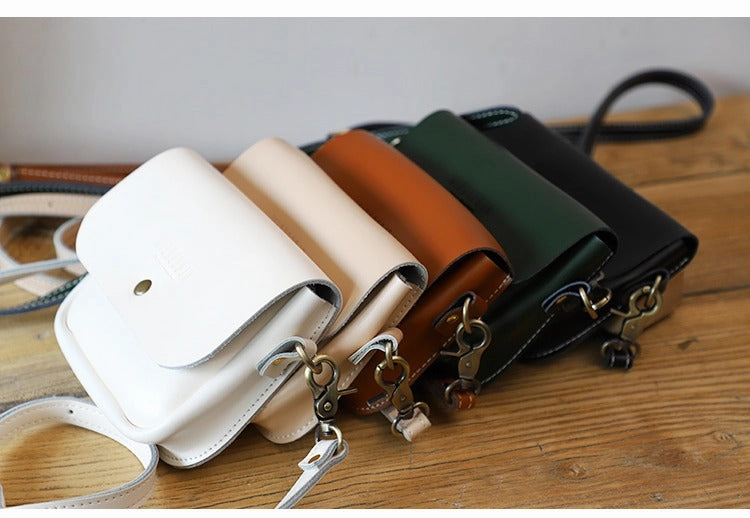 Cute Black LEATHER Flip Side Bag Handmade WOMEN Phone Crossbody BAG Purse FOR WOMEN