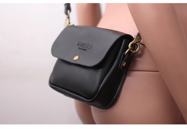 Cute Black LEATHER Flip Side Bag Handmade WOMEN Phone Crossbody BAG Purse FOR WOMEN