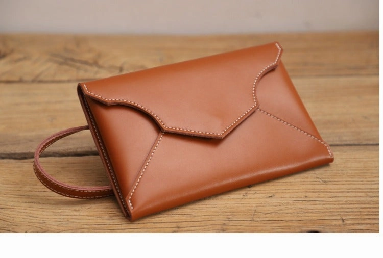 Cute Brown LEATHER Envelope WOMEN SHOULDER BAG Handmade Slim Envelope Crossbody Purse FOR WOMEN