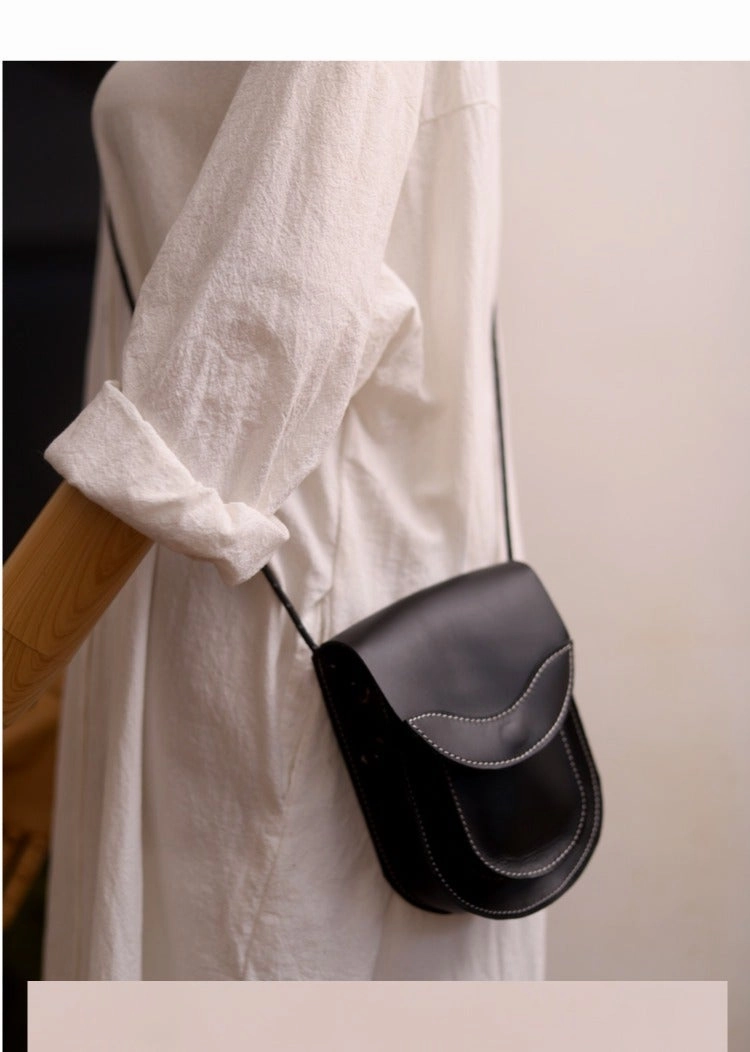 Cute LEATHER Saddle Side Bag WOMEN Black SHOULDER BAG Small Crossbody Purse FOR WOMEN
