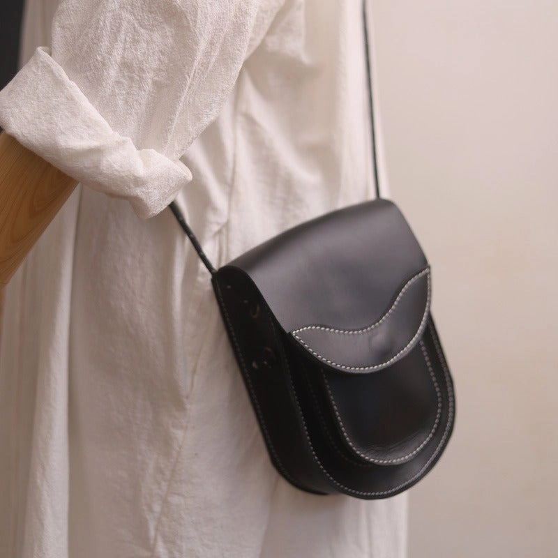 Cute LEATHER Saddle Side Bag WOMEN Black SHOULDER BAG Small Crossbody Purse FOR WOMEN