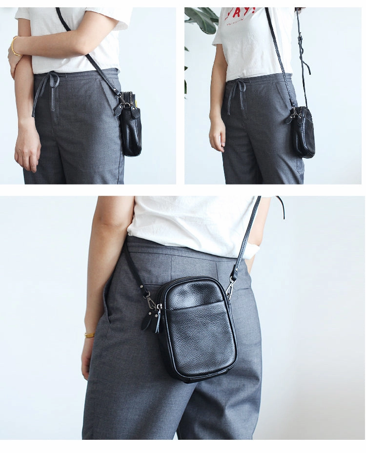Cute Leather Womens Cell Phone Crossbody Bag Purse Double Zipper Shoulder Bag for Women