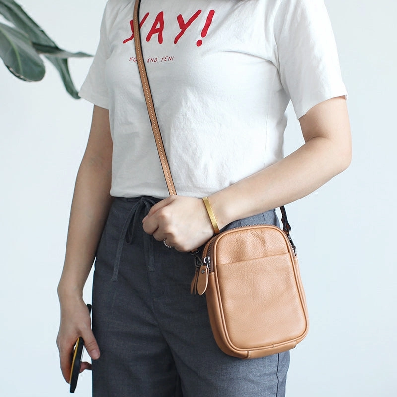 Cute Leather Womens Cell Phone Crossbody Bag Purse Double Zipper Shoulder Bag for Women
