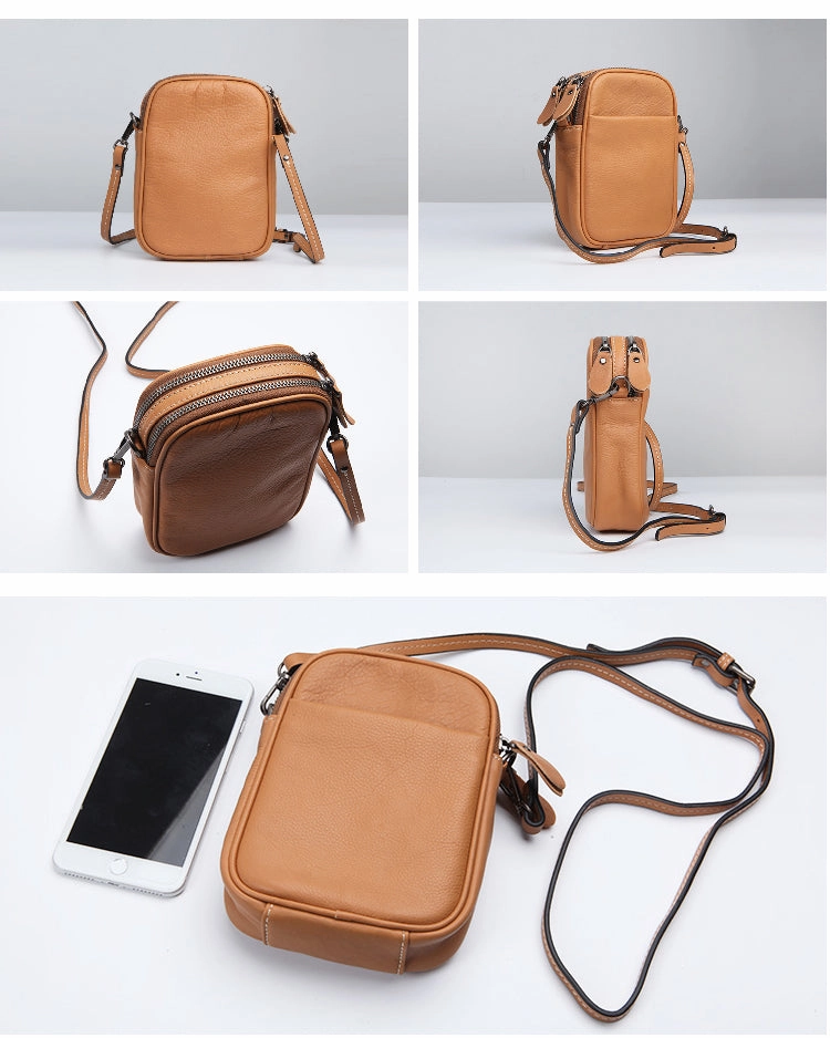 Cute Leather Womens Cell Phone Crossbody Bag Purse Double Zipper Shoulder Bag for Women