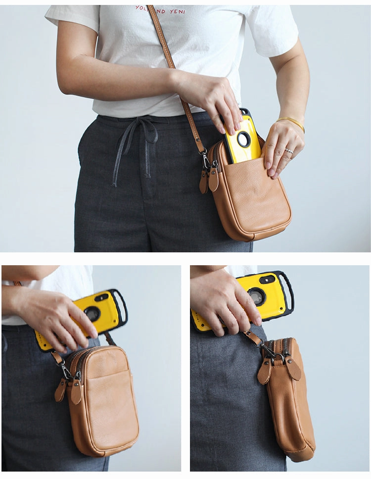 Cute Leather Womens Cell Phone Crossbody Bag Purse Double Zipper Shoulder Bag for Women