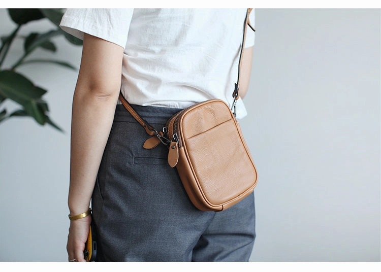 Cute Leather Womens Cell Phone Crossbody Bag Purse Double Zipper Shoulder Bag for Women