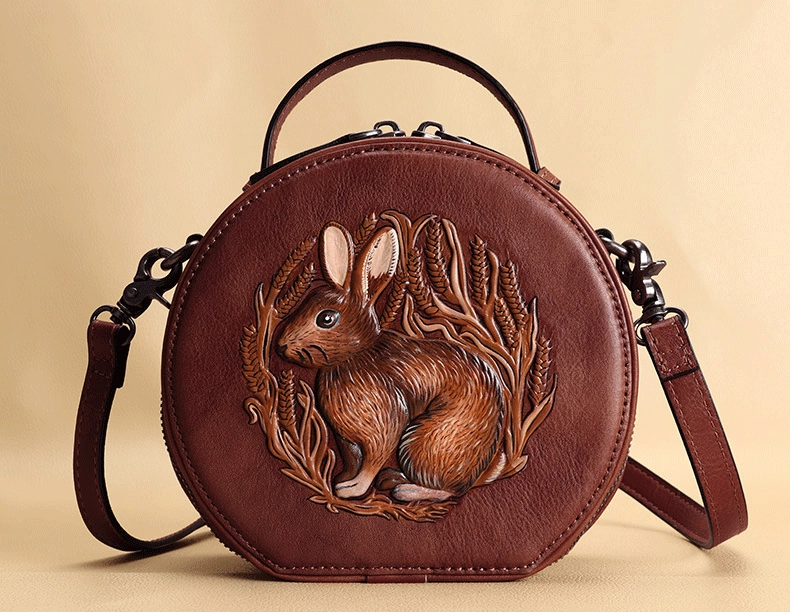 Cutest Womens Red Leather Round Handbag Bunny Crossbody Purse Vintage Round Shoulder Bags for Women