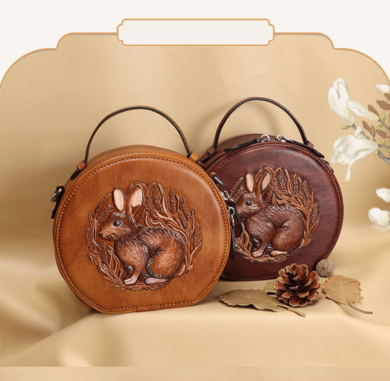 Cutest Womens Red Leather Round Handbag Bunny Crossbody Purse Vintage Round Shoulder Bags for Women